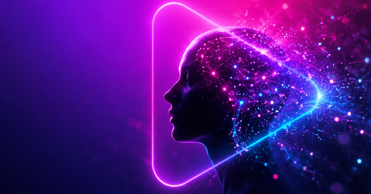 Stylized AI-powered creator silhouette with glowing neural network particles